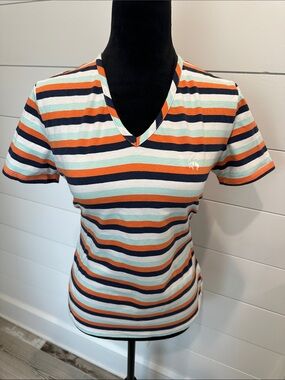 Brooks Brothers Striped V-Neck Tee in Navy, White, Orange, Mint